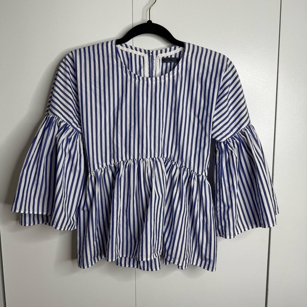 Mark D Sikes 100% Cotton blue and white striped bell sleeve top size 0